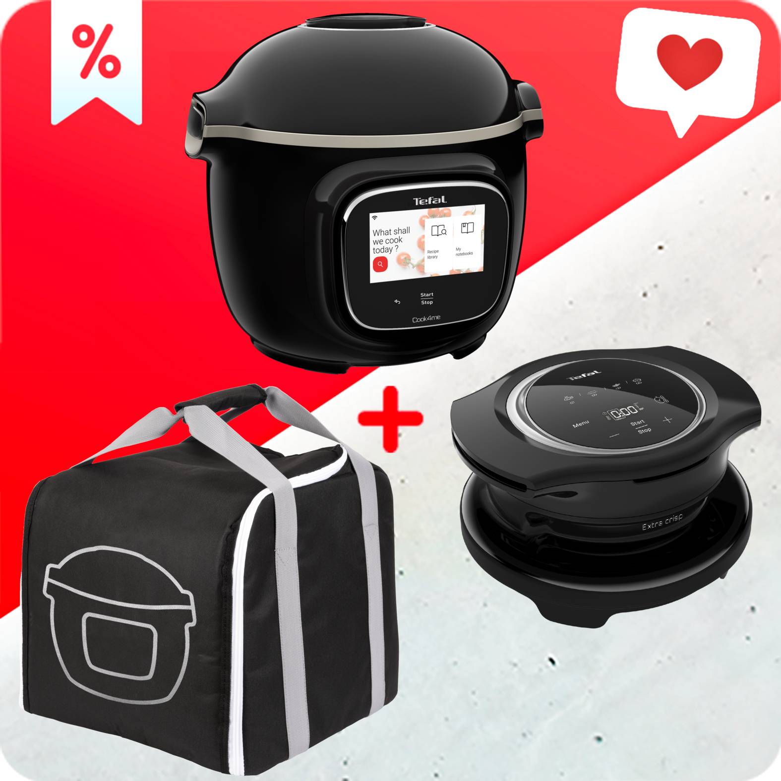 Konyhai készlet Tefal Cook4Me Touch WiFi többfunkciós kukta, Crisp Lid légkeveréses fritőzzé átalakító tartozék fedő és kiegészítő szállítótáska