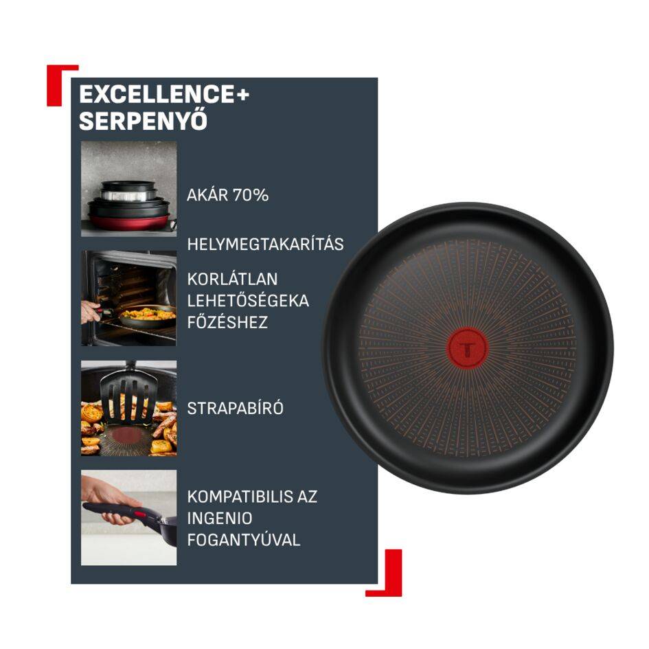 P0000624 Ingenio Excellence+ tapadásmentes, rakásolható serpenyő, Tefal, 28 cm
