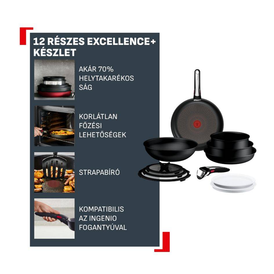 P0009853 Ingenio Excellence+ egymásba rakható edénykészlet, Tefal, 12 részes