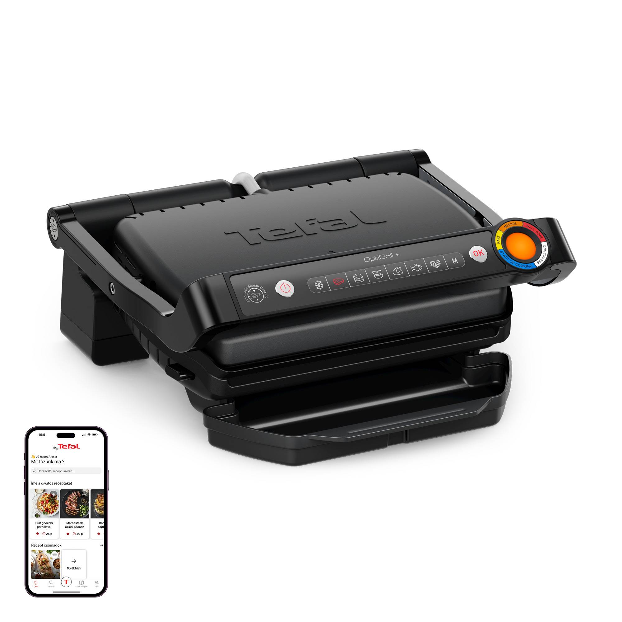 OptiGrill+, intelligens elektromos kontaktgrill a tökéletes eredményekért, nincs szükség a grillezés felügyeletére, 6 automatikus program