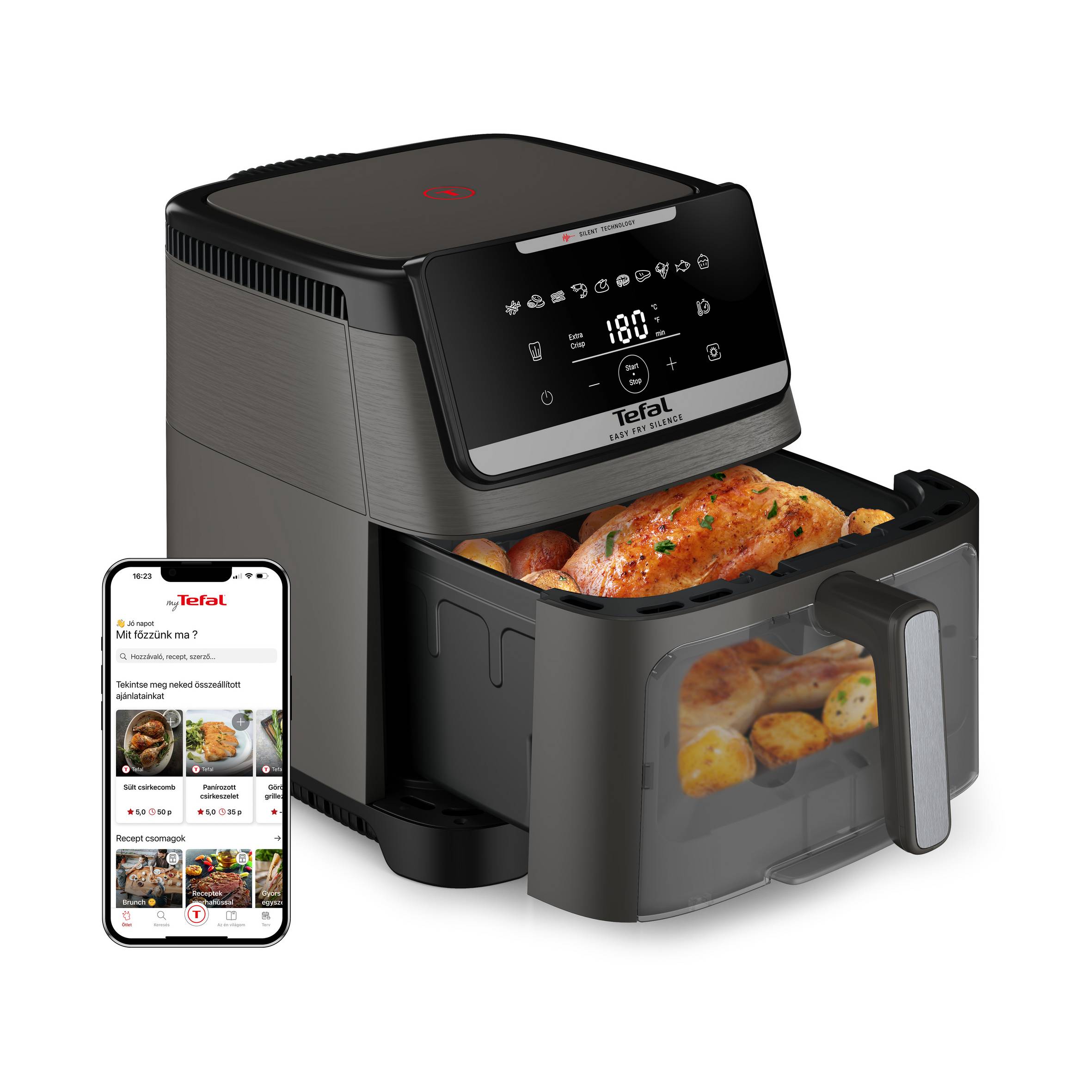 EY846HE0, Tefal Easy Fry Silence, csendes forrólevegős fritőz, 7 literes, sötétszürke