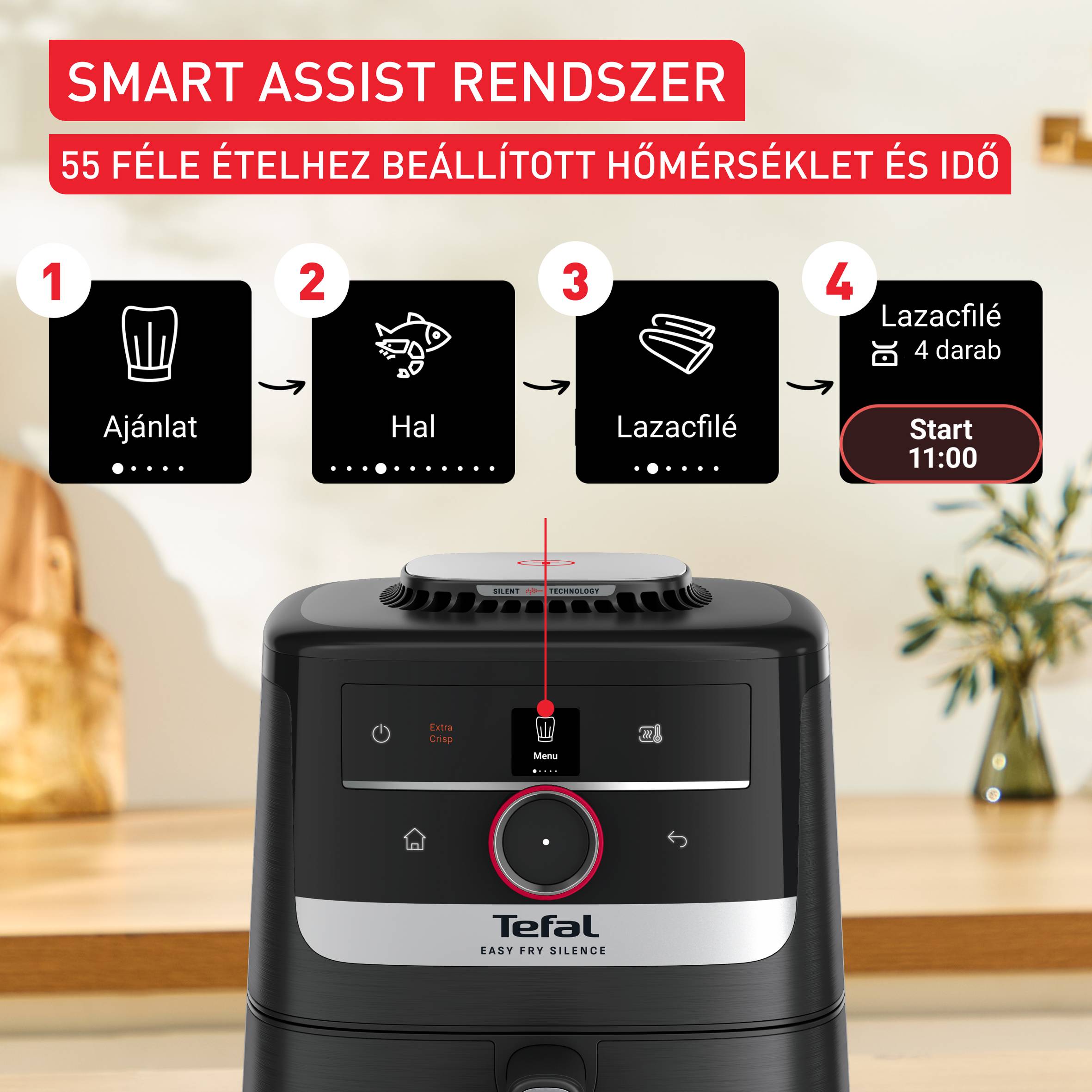 EY5728E1, Tefal Easy Fry Silence Smart csendes forrólevegős fritőz, 5 literes, fekete