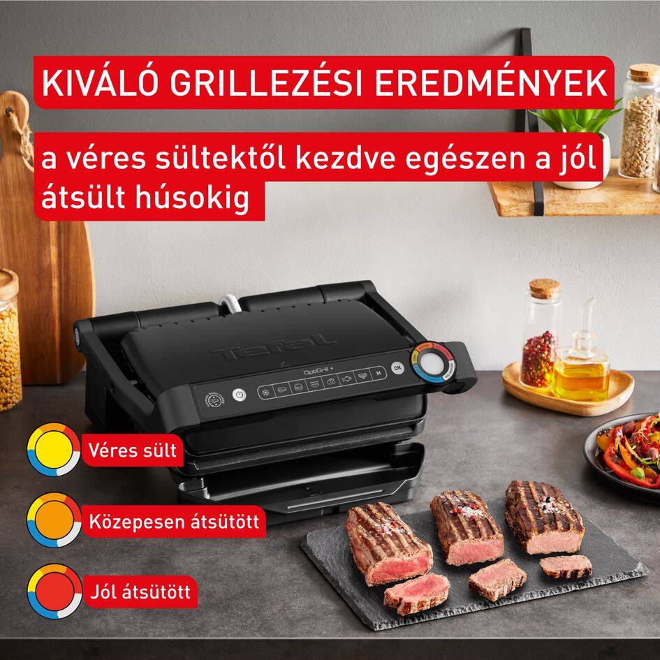 OptiGrill+, intelligens elektromos kontaktgrill a tökéletes eredményekért, nincs szükség a grillezés felügyeletére, 6 automatikus program