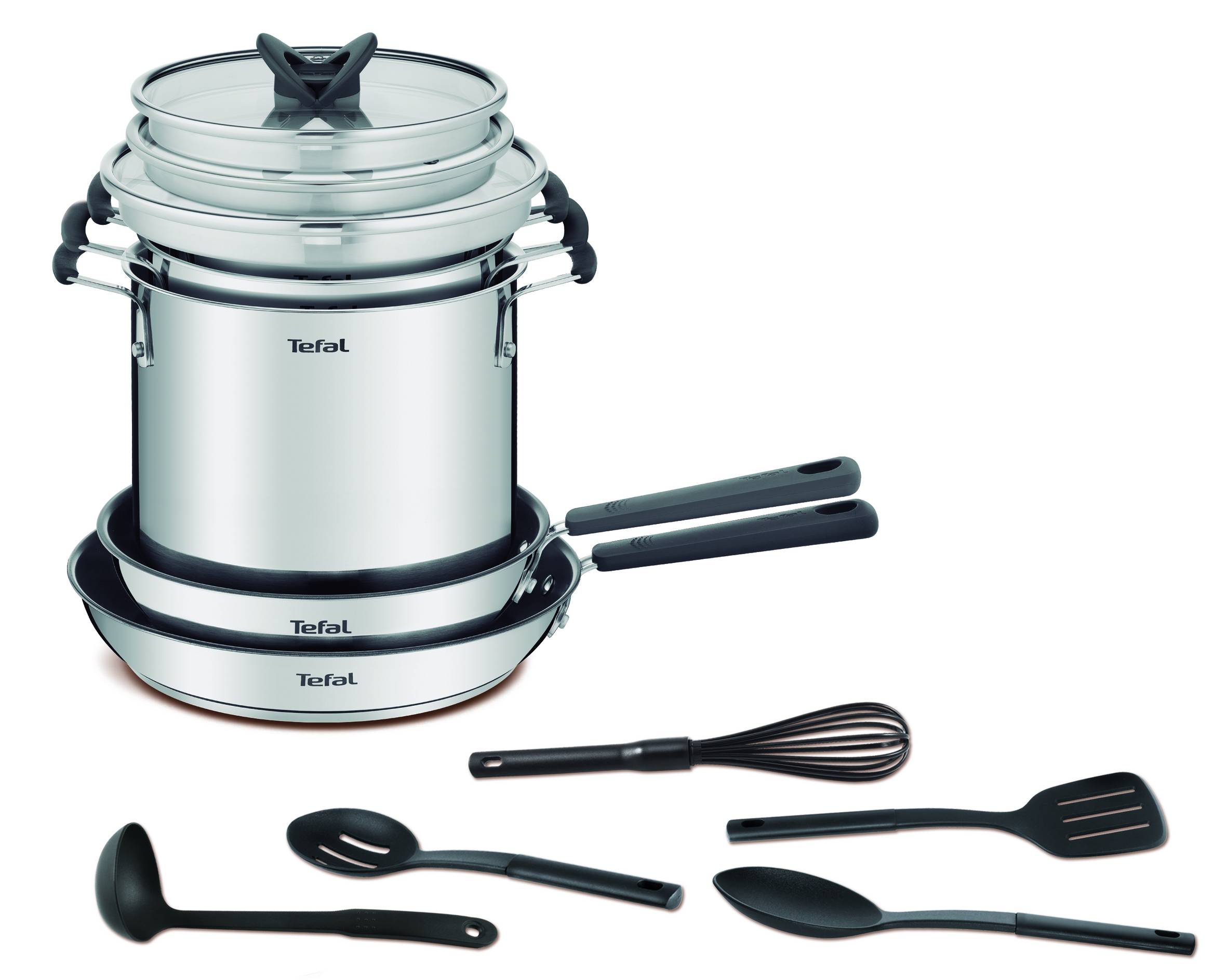 13 részes Opti'Space edénykészlet, nyeles lábasok 18/20 cm + fedő, magas falú tésztafőző edény 22 cm + fedő, serpenyő 24/28 cm, merőkanál, kanál, lyukas kanál, húsforgató, habverő G737SD44