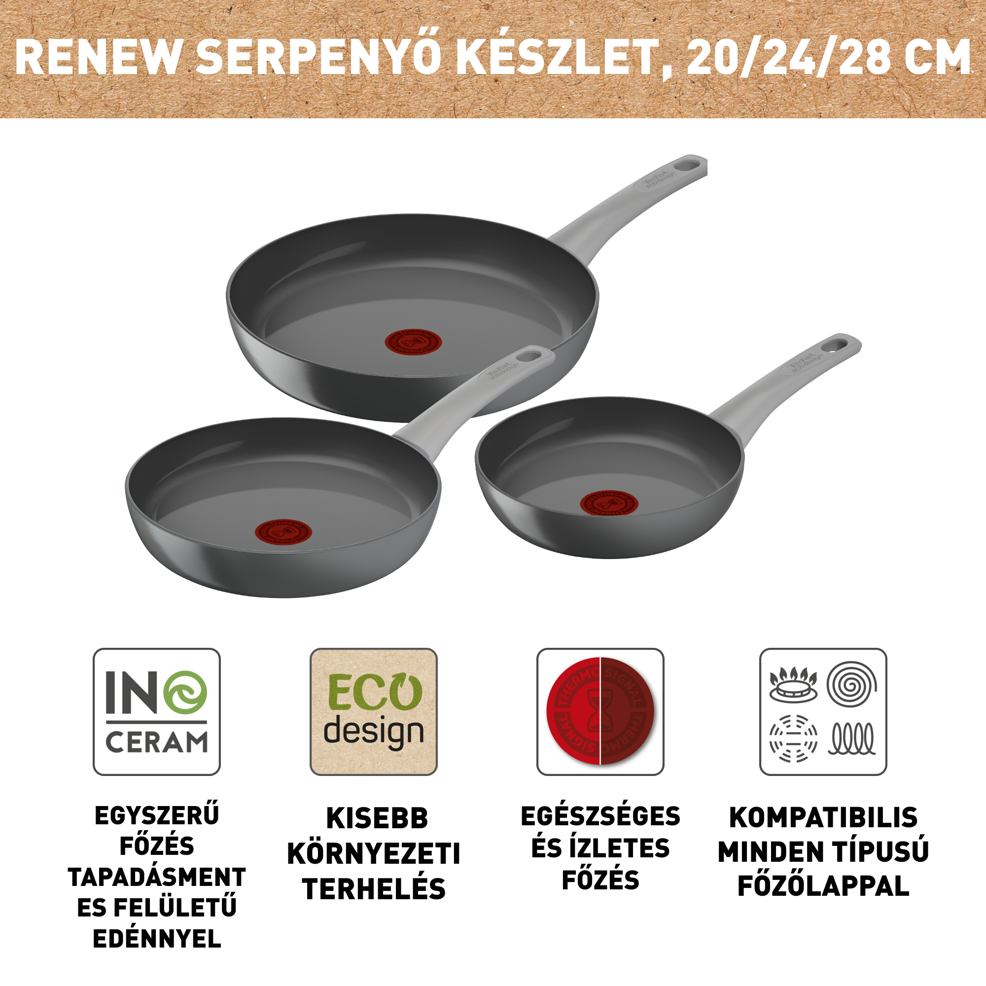3 részes serpenyő készlet Tefal Renew On 20/24/28 cm C4279132 kerámia
