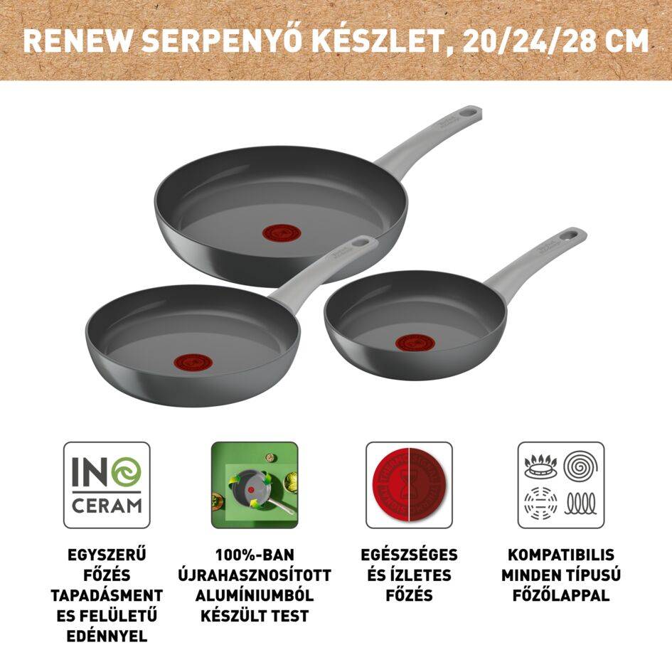3 részes serpenyő készlet Tefal Renew On 20/24/28&nbsp;cm C4279132 kerámia