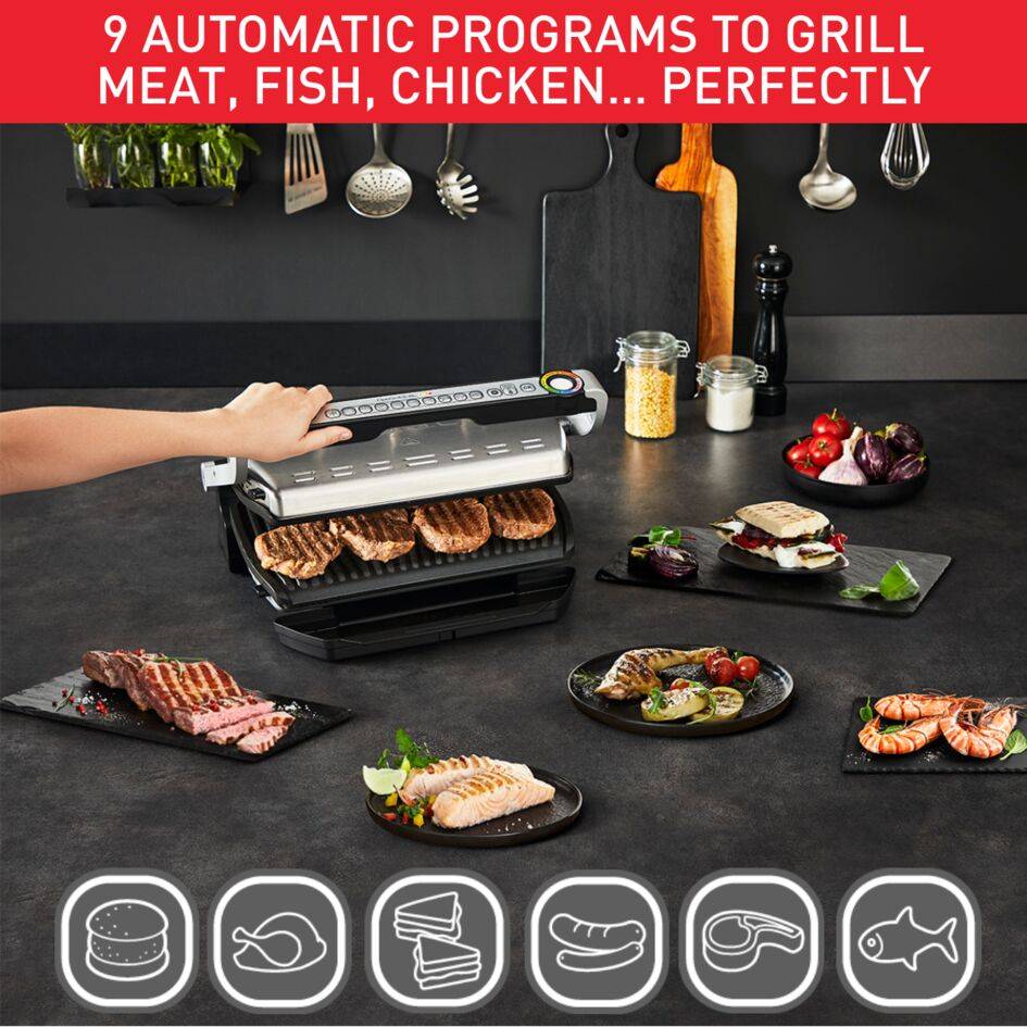 Tefal OptiGrill+ XL elektromos asztali grill nassolás és sütés tepsivel GC724D12 Ezüst/Fekete