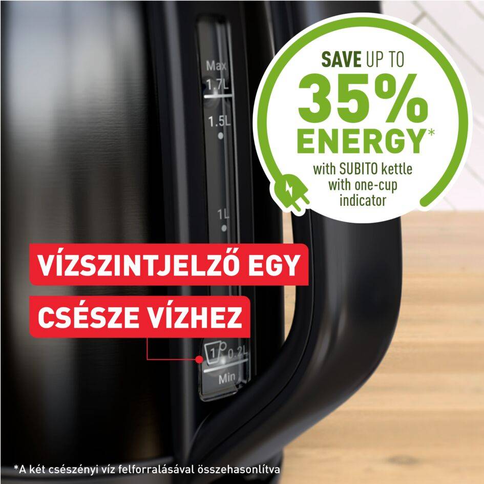 Subito vízforraló, csészénkénti vízmennyiségjelző, egykezes nyitás