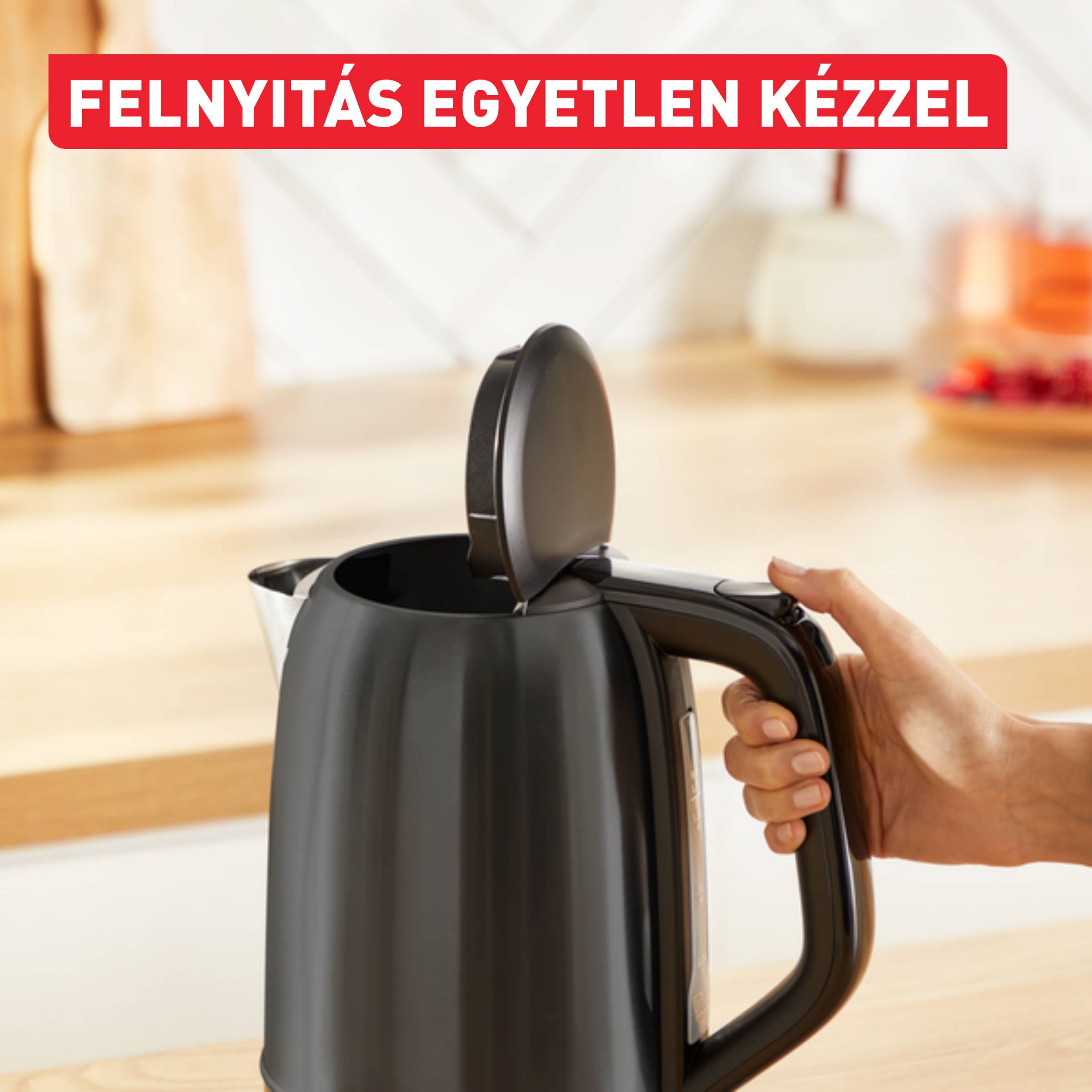 Subito vízforraló, csészénkénti vízmennyiségjelző, egykezes nyitás