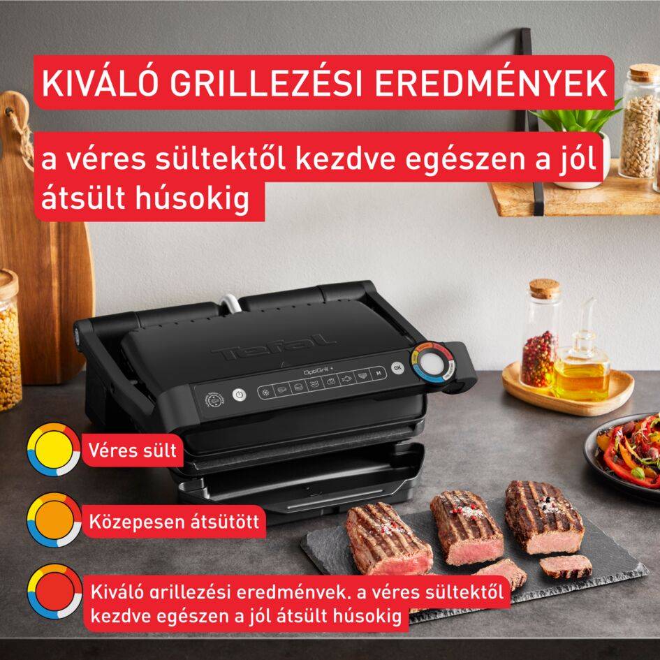 OptiGrill+, intelligens elektromos kontaktgrill a tökéletes eredményekért, nincs szükség a grillezés felügyeletére, 6 automatikus program