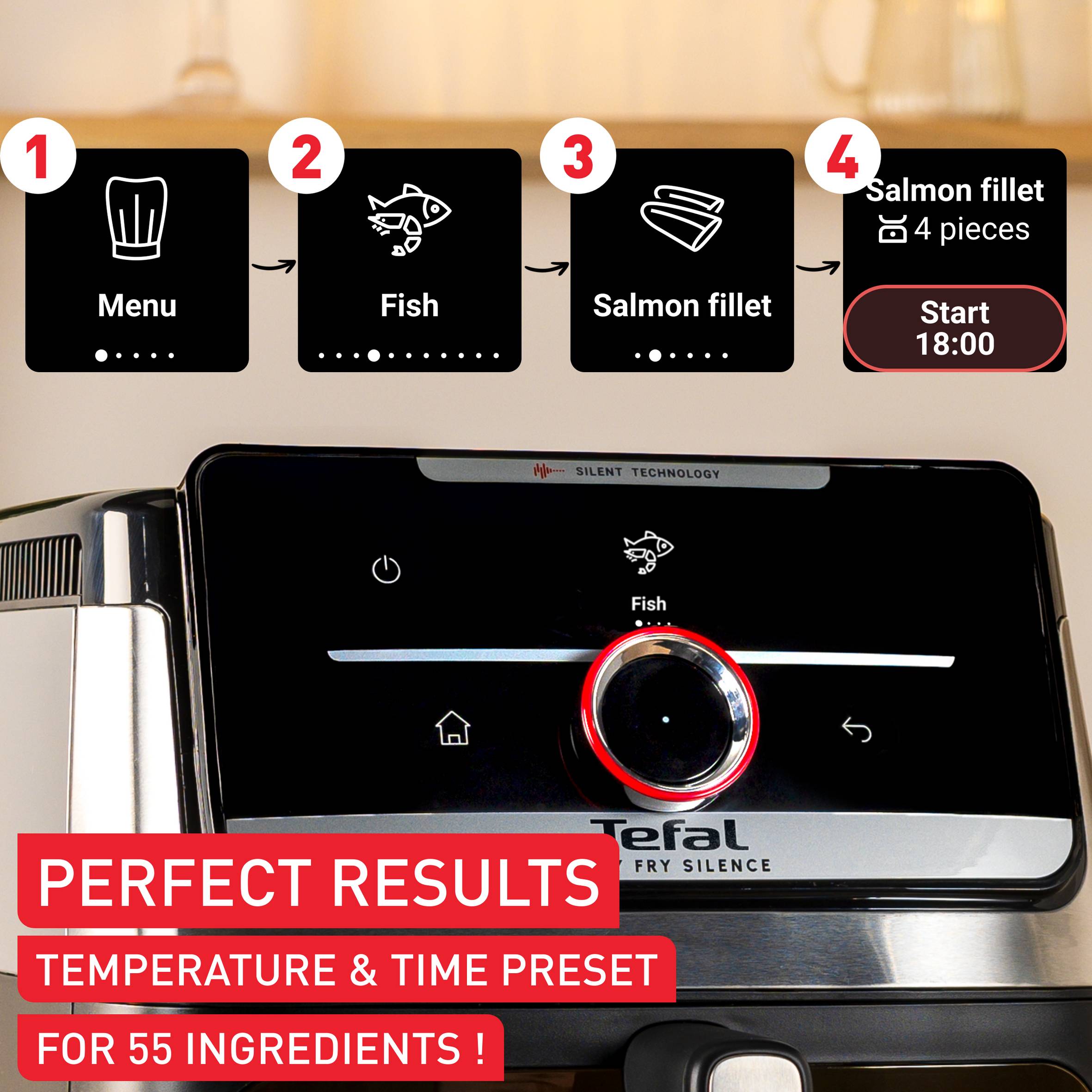 Tefal Easy Fry Silence, csendes forrólevegős fritőz, 7 literes, rozsdamentes acél, EY876E0