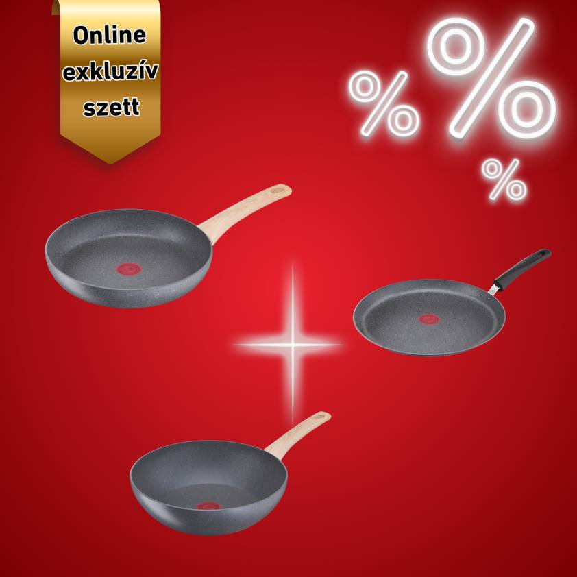 Serpenyőkészlet Tefal Natural Force wok 28 cm, klasszikus serpenyő 26 cm és palacsintasütő 25 cm